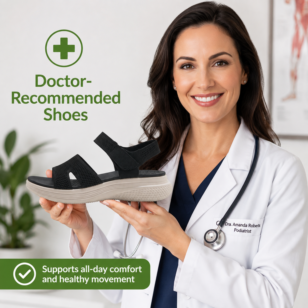 Dra. Amanda Roberts, Podiatrist, holding the ArchFootWear sandal